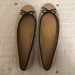 J. Crew blush leather ballet flats with black ribbon trim and bow